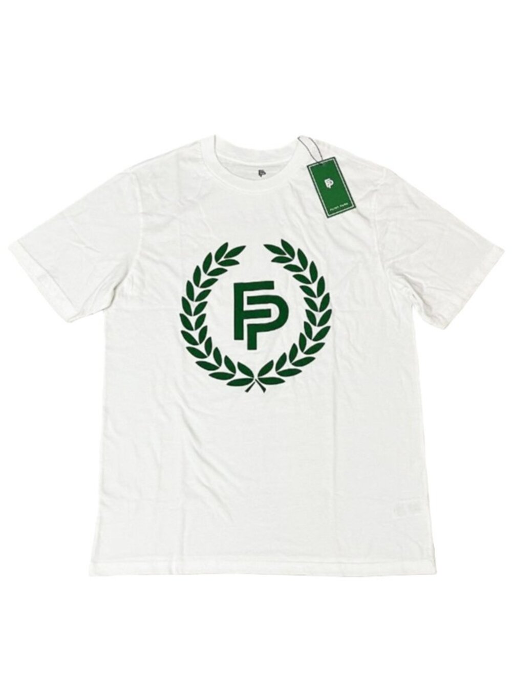 Flint Park Organic Cotton White T-Shirt With Green Laurel Logo Design Medium